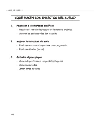 SALUD DE SUELOS




          ¿QUÉ HACEN LOS INSECTOS DEL SUELO?

    1.    Favorecen a los microbios benéficos
          - Reducen el tamaño de pedazos de la materia orgánica
          - Mueven los pedazos y les dan la vuelta


    2.    Mejoran la estructura del suelo
          - Producen excremento que sirve como pegamento
          - Producen túneles (poros)


    3.    Controlan algunas plagas
          - Comen de preferencia hongos fitopatógenos
          - Comen nematodos
          - Comen otros insectos




    116
 