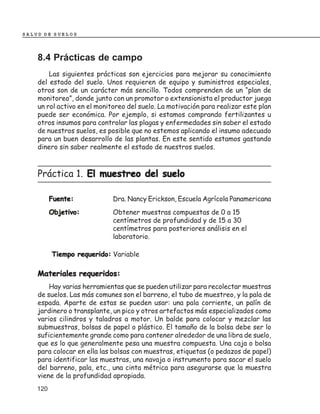 SALUD DE SUELOS




    8.4 Prácticas de campo
        Las siguientes prácticas son ejercicios para mejorar su conocimiento
    del estado del suelo. Unos requieren de equipo y suministros especiales,
    otros son de un carácter más sencillo. Todos comprenden de un “plan de
    monitoreo”, donde junto con un promotor o extensionista el productor juega
    un rol activo en el monitoreo del suelo. La motivación para realizar este plan
    puede ser económica. Por ejemplo, si estamos comprando fertilizantes u
    otros insumos para controlar las plagas y enfermedades sin saber el estado
    de nuestros suelos, es posible que no estemos aplicando el insumo adecuado
    para un buen desarrollo de las plantas. En este sentido estamos gastando
    dinero sin saber realmente el estado de nuestros suelos.



    Práctica 1. El muestreo del suelo

          Fuente:            Dra. Nancy Erickson, Escuela Agrícola Panamericana
          Objetivo:          Obtener muestras compuestas de 0 a 15
                             centímetros de profundidad y de 15 a 30
                             centímetros para posteriores análisis en el
                             laboratorio.

          Tiempo requerido: Variable

    Materiales requeridos:
        Hay varias herramientas que se pueden utilizar para recolectar muestras
    de suelos. Las más comunes son el barreno, el tubo de muestreo, y la pala de
    espada. Aparte de estas se pueden usar: una pala corriente, un palín de
    jardinero o transplante, un pico y otros artefactos más especializados como
    varios cilindros y taladros a motor. Un balde para colocar y mezclar las
    submuestras, bolsas de papel o plástico. El tamaño de la bolsa debe ser lo
    suficientemente grande como para contener alrededor de una libra de suelo,
    que es lo que generalmente pesa una muestra compuesta. Una caja o bolsa
    para colocar en ella las bolsas con muestras, etiquetas (o pedazos de papel)
    para identificar las muestras, una navaja o instrumento para sacar el suelo
    del barreno, pala, etc., una cinta métrica para asegurarse que la muestra
    viene de la profundidad apropiada.
    120
 