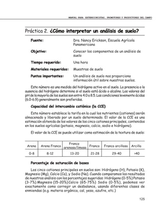 MANUAL PARA EXTENSIONISTAS, PROMOTORES Y PRODUCTORES DEL CAMPO




Práctica 2. ¿Cómo interpretar un análisis de suelo?
                                             suelo?
    Fuente:                      Dra. Nancy Erickson, Escuela Agrícola
                                 Panamericana
    Objetivo:                    Conocer los componentes de un análisis de
                                 suelo
    Tiempo requerido:            Una hora
    Materiales requeridos:       Muestras de suelo
    Puntos importantes:          Un análisis de suelo nos proporciona
                                 información útil sobre nuestros suelos.
    Este número es una medida del hidrógeno activo en el suelo. La presencia o la
ausencia del hidrógeno determina si el suelo está ácido o alcalino. Los valores del
pH de la mayoría de los suelos son entre 4.0 a 8.5. Las condiciones levemente ácidas
(6.0-6.9) generalmente son preferidas.
    Capacidad del intercambio catiónico (la CCE)
    Este número establece la tarifa en la cual los nutrientes (cationes) serán
almacenado y liberado por un suelo determinado. El valor de la CCE es una
estimación obtenida de los valores de los cinco cationes principales, contenidos
en los suelos agrícolas (potasio, magnesio, calcio, sodio e hidrógeno).
    El valor de la CCE se puede utilizar como estimación de la textura de suelo:


                          Franco
 Arena    Arena Franco arenoso/limoso Franco            Franco arcillosa    Arcilla

  0-8           8-12           13-20          21-28           29-40           >40

    Porcentaje de saturación de bases
    Los cinco cationes principales en suelos son: Hidrógeno (H), Potasio (K),
Magnesio (Mg), Calcio (Ca), y Sodio (Na). Cuando comparamos los resultados
de nuestros análisis con los porcentajes sugeridos: Hidrógeno (0-5%) Potasio
(3-7%) Magnesio (15-20%) Calcio (65-75%) Sodio (0-5%), podemos ver
exactamente como corregir un desbalance, usando diferentes clases de
enmiendas (e.g. materia orgánica, cal, yeso, azufre, etc.)

                                                                                  125
 