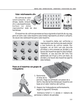 MANUAL PARA EXTENSIONISTAS, PROMOTORES Y PRODUCTORES DEL CAMPO



   Valor relativamente alto
    En cultivos de valor
relativamente alto
(fresa, melón, brócoli
etc.), una muestra (una
bolsa) no debe
representar más de dos
hectáreas.
   El muestreo de cultivos perennes se hace siguiendo el patrón de zig-zag,
pero en este caso cada muestra (una bolsa) representa un árbol o arbusto.
Se sacan dos submuestras para cada muestra.
                                        La muestra debe ser uniforme y
                                    representar una textura de suelo similar
                                    y una historia de cultivo común. Por
                                    ejemplo, en un lote con una sección
                                    arcillosa y otra arenosa se dividen y se
                                    hacen dos muestras aparte (dos bolsas).
                                    También, si una sección del lote fue
                                    sembrada con frijol y otra con maíz, se
                                    dividen y se hacen dos muestras aparte
                                    (dos bolsas).


Pasos en el muestreo con grupos de
trabajadores


                           1.- Determine
                               el área de la
                               parcela. Haga un estimado con pasos de a
                               metro. Decida las hectáreas por muestra con
                               base en el valor relativo del cultivo.
                           2.-Separe los trabajadores uniformemente,
                              según la siguiente fórmula:
                              Distancia total/ n + 1, donde n = número de
                           personas o número de paradas.

                                                                               131
 