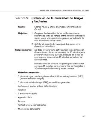 MANUAL PARA EXTENSIONISTAS, PROMOTORES Y PRODUCTORES DEL CAMPO




Práctica 5.       Evaluación de la diversidad de hongos
                  y bacterias
    Fuente:          George Abawi y Steve Sherwood, Universidad de
                     Cornell
    Objetivos:    1. Comparar la diversidad de las poblaciones tanto
                     bacteriales como de hongos entre diferentes tipos de
                     suelos, como una experiencia general para discutir la
                     vida microbiana en los suelos.
                  2. Señalar el impacto del manejo de los suelos en la
                     diversidad microbiana.
Tiempo requerido: Se debe integrar esta actividad con la de extracción
                  de nematodos. Se necesitan cerca de 30 minutos para
                  preparar diluciones y cultivos. Después de 5 días de
                  crecimiento, se necesitan 15 minutos para observar
                  estos últimos.
                     Para observación directa, los participantes necesitan
                     cerca de 15 minutos para preparar los portaobjetos y
                     30 minutos para observar y hacer conteos.
    Materiales requeridos:
•   3 platos de agar rosa bengala con el antibiótico estreptomicina (RBS)
      (para seleccionar hongos)
•   3 platos de nutriente agar (NA) para cultivos generales.
•   Agitadores, alcohol y llama esterilizadora
•   Parafilm
•   2 muestras de suelo
•   Agua destilada
•   Gotero
•   Portaobjetos y cubreobjectos
•   Microscopio compuesto


                                                                                137
 