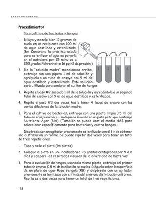SALUD DE SUELOS



    Procedimiento:
          Para cultivos de bacterias v hongos:
    1.    Diluya y mezcle bien 10 gramos de
          suelo en un recipiente con 100 ml
          de agua destilada y esterilizada.
          (En Zamorano la práctica usada
          para esterilizar el agua es ponerla
          en el autoclave por 25 minutos a
          250 grados Fahrenheit o 16 ppin2 de presión.)
    2. De la “solución madre” mencionada arriba,
       extraiga con una pipeta 1 ml de solución y
       agréguela a un tubo de ensayo con 9 ml de
       agua destilada y esterilizada. Esta solución
       será utilizada para sembrar el cultivo de hongos.
    3. Repita el paso #2 sacando 1 ml de la solución y agregándola a un segundo
       tubo de ensayo con 9 ml de agua destilada y esterilizada.
    4. Repita el paso #3 dos veces hasta tener 4 tubos de ensayo con las
       varias diluciones de la solución madre.
    5. Para el cultivo de bacterias, extraiga con una pipeta limpia 0.5 ml del
       tubo de ensayo número 4. Coloque la solución en un plato petri que contenga
       Nutriente Agar (NA). (También se puede usar el medio NAB para
       seleccionar específicamente para bacterias y contra hongos.)
       Dispérsela con un agitador previamente esterilizado con el fin de obtener
    una distribución uniforme. Se puede repetir dos veces para tener un total
    de tres repeticiones.
    1. Tape y selle el plato (los platos).
    2. Coloque el plato en una incubadora a 28 grados centígrados por 5 a 8
       días y compare los resultados visuales de la diversidad de bacterias.
    3. Para la evaluación de hongos, usando la misma pipeta, extraiga del primer
       tubo de ensayo 0.5 ml de la dilución de suelos. Riéguela sobre la superficie
       de un plato de agar Rosa Bengala (RB) y dispérsela con un agitador
       previamente esterilizado con el fin de obtener una distribución uniforme.
       Repita esto dos veces para tener un total de tres repeticiones.


    138
 