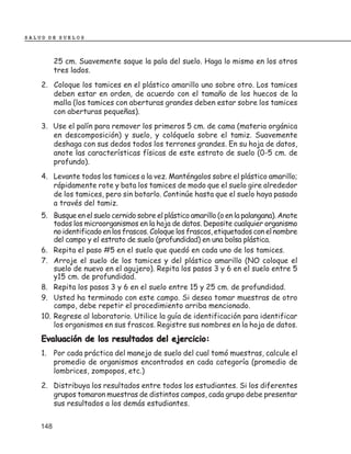 SALUD DE SUELOS



          25 cm. Suavemente saque la pala del suelo. Haga lo mismo en los otros
          tres lados.
    2. Coloque los tamices en el plástico amarillo uno sobre otro. Los tamices
       deben estar en orden, de acuerdo con el tamaño de los huecos de la
       malla (los tamices con aberturas grandes deben estar sobre los tamices
       con aberturas pequeñas).
    3. Use el palín para remover los primeros 5 cm. de cama (materia orgánica
       en descomposición) y suelo, y colóquela sobre el tamiz. Suavemente
       deshaga con sus dedos todos los terrones grandes. En su hoja de datos,
       anote las características físicas de este estrato de suelo (0-5 cm. de
       profundo).
    4. Levante todos los tamices a la vez. Manténgalos sobre el plástico amarillo;
       rápidamente rote y bata los tamices de modo que el suelo gire alrededor
       de los tamices, pero sin botarlo. Continúe hasta que el suelo haya pasado
       a través del tamiz.
    5. Busque en el suelo cernido sobre el plástico amarillo (o en la palangana). Anote
        todos los microorganismos en la hoja de datos. Deposite cualquier organismo
        no identificado en los frascos. Coloque los frascos, etiquetados con el nombre
        del campo y el estrato de suelo (profundidad) en una bolsa plástica.
    6. Repita el paso #5 en el suelo que quedó en cada uno de los tamices.
    7. Arroje el suelo de los tamices y del plástico amarillo (NO coloque el
        suelo de nuevo en el agujero). Repita los pasos 3 y 6 en el suelo entre 5
        y15 cm. de profundidad.
    8. Repita los pasos 3 y 6 en el suelo entre 15 y 25 cm. de profundidad.
    9. Usted ha terminado con este campo. Si desea tomar muestras de otro
        campo, debe repetir el procedimiento arriba mencionado.
    10. Regrese al laboratorio. Utilice la guía de identificación para identificar
        los organismos en sus frascos. Registre sus nombres en la hoja de datos.
    Evaluación de los resultados del ejercicio:
    1. Por cada práctica del manejo de suelo del cual tomó muestras, calcule el
       promedio de organismos encontrados en cada categoría (promedio de
       lombrices, zompopos, etc.)
    2. Distribuya los resultados entre todos los estudiantes. Si los diferentes
       grupos tomaron muestras de distintos campos, cada grupo debe presentar
       sus resultados a los demás estudiantes.


    148
 