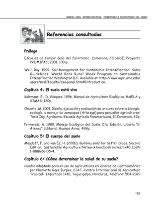MANUAL PARA EXTENSIONISTAS, PROMOTORES Y PRODUCTORES DEL CAMPO




               Referencias consultadas


Prólogo
Escuelas de Campo: Guía del facilitador. Zamorano, COSUDE. Proyecto
   PROMIPAC, 2001. 100 p.

Weil, Ray. 1999. Soil Management for Sustainable Intensification: Some
  Guidelines. World Bank Rural Week Program on Sustainable
  Intensification Washington D.C. Available at: http://www.agnr.umd.edu/
  users/nrsl/faculty/asa-panel.htm#Introduction.

Capítulo 4: El suelo está vivo
Kolsmans, E.; D. Vásquez. 1996. Manual de Agricultura Ecológica. MAELA y
    SIMAS. 120p.

Omonte, M. 2001. Diseño, ejecución y evaluación de un curso sobre la biología,
  ecología, y manejo de zompopos (Atta spp) para pequeños agricultores.
  Tesis Ing. Agrónomo. Escuela Agrícola Panamericana, El Zamorano. 62p.

Primavesi, A. 1980. Manejo Ecológico del Suelo. 5ta. Edición. Libería “El
   Ateneo” Editorial, Buenos Aires. 499p.

Capítulo 5: El cuerpo del suelo
Magdoff, F. and van Es, H. (2000). Building soils for better crops. Second
   Edition. Sustainable Agriculture Network handbook series;bk40 ISBN
   1-888626-05-4.

Capítulo 6: ¿Cómo determinar la salud de su suelo?
Cuadro adaptado para el uso de agricultores en laderas de Centroamérica
   por Charlotte Gaye Burpee, CIAT -Centro Internacional de Agricultura
   Tropical- (Apartado 1410, Tegucigalpa, Honduras, Teléfono: 504-232-




                                                                                155
 