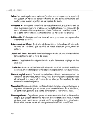 SALUD DE SUELOS



    Geles: Sustancias gelatinosa o viscosa (muchas veces compuesto de proteína)
       que juegan un rol en el establecimiento de una buena estructura del
       suelo ya que ayudan a juntar los agregados del suelo.

    Horizonte A: Horizonte superficial de un suelo mineral, el cual mantiene un
       nivel máximo de materia orgánica, actividad biológica, y/o lixiviación de
       materiales como Hierro y Aluminio y limo. Combinado con el horizonte O,
       es la zona por donde crecen más fuertes las raíces de las plantas.

    Infiltración: Es la capacidad que tiene el suelo para absorber agua en los
       diferentes estratos.

    Intercambio catiónico: Indicador de la fertilidad del suelo en términos de
       la suma de “cationes” que un suelo se puede absorver (por ejemplo el
       calcio).

    Lavado del suelo: Arrastre de nutrientes por medio de procesos naturales
       (principalmente por el flujo de agua).

    Lombriz: Organismo descomponedor del suelo. Pertenece al grupo de los
       anélidos.

    Lixiviación: Arrastre de los elementos minerales hacia los estratos inferiores
        del suelo, en donde las plantas no los pueden aprovechar para su nutrición.

    Materia orgánica: está formada por animales y plantas descompuestas. Los
       insectos, las lombrices, nematodos y otros microorganismos descomponen
       el estiércol y el material fresco de las plantas, formándose de esta
       manera la materia orgánica.

    Micorriza: Hongo en simbiosis con las raíces de las plantas y que las ayuda a
       capturar elementos que necesitan para su crecimiento. Esta simbiosis,
       en particular, permite a la planta aprovechar el fósforo del suelo.

    Microorganismos: Organismos que no podemos ver a simple vista. Hay varios
       grupos que juegan diferentes roles en el ecosistema del suelo. Grupos
       de suma importancia son los hongos, bacterias, protozoarios, y nematodos.
       Entre ellos pueden haber microorganismos benéficos o maléficos.




    160
 