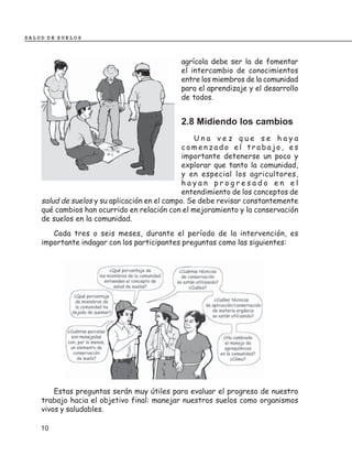 SALUD DE SUELOS



                                             agrícola debe ser la de fomentar
                                             el intercambio de conocimientos
                                             entre los miembros de la comunidad
                                             para el aprendizaje y el desarrollo
                                             de todos.


                                             2.8 Midiendo los cambios
                                                  Una vez que se haya
                                               comenzado el trabajo, es
                                               importante detenerse un poco y
                                               explorar que tanto la comunidad,
                                               y en especial los agricultores,
                                               hayan progresado en el
                                               entendimiento de los conceptos de
    salud de suelos y su aplicación en el campo. Se debe revisar constantemente
    qué cambios han ocurrido en relación con el mejoramiento y la conservación
    de suelos en la comunidad.
       Cada tres o seis meses, durante el período de la intervención, es
    importante indagar con los participantes preguntas como las siguientes:




        Estas preguntas serán muy útiles para evaluar el progreso de nuestro
    trabajo hacia el objetivo final: manejar nuestros suelos como organismos
    vivos y saludables.

    10
 