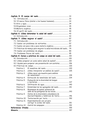 Capítulo 5: El cuerpo del suelo              suelo......................................................................... 33
   5.1 Introducción............................................................................................. 33
   5.2 El marco físico (similar a los huesos humanos)................................... 33
   5.3 Aire y agua................................................................................................. 34
   5.4 Organismos vivos...................................................................................... 35
   5.5 Materia orgánica...................................................................................... 35
   5.6 El perfil del suelo.................................................................................... 40
Capítulo 6: ¿Cómo determinar la salud del suelo?                           suelo?...................................... 43
   6.1 Introducción............................................................................................. 43
Capítulo 7: ¿Cómo mejorar el suelo?                  suelo?.............................................................. 57
   7.1 Introducción............................................................................................. 57
   7.2 Suelos con problemas de nutrientes..................................................... 57
   7.3 Suelos con poca vida y poca materia orgánica..................................... 65
   7.4 Prácticas de manejo para mejorar la salud microbiana del suelo... 74
   7.5 Suelos con problemas de plagas............................................................ 80
   7.6 Problemas físicos del suelo.................................................................... 95
Capítulo 8: Cursos y prácticas de campo en salud del suelo                                     suelo.................... 101
   8.1 Introducción.............................................................................................. 101
   8.2 ¿Cómo preparar un curso sobre salud de suelos?................................101
   8.3 Ayudas para preparar una presentación con acetatos...................... 106
   8.3 Prácticas de campo.................................................................................. 120
       Práctica 1.            El muestreo del suelo...................................................... 120
       Práctica 2. ¿Cómo interpretar un análisis de suelo?...................... 125
       Práctica 3. ¿Cómo sacar una muestra para análisis
                              de nematodos?................................................................. 128
       Práctica 4. Extracción de nematodos del suelo............................... 134
       Práctica 5. Evaluación de la diversidad de hongos
                              y bacterias........................................................................ 137
       Práctica 6. Infiltración de agua........................................................ 140
       Práctica 7. Estabilidad de los agregados del suelo......................... 141
       Práctica 8. Bioensayos de suelos: potencial de
                              daño de los patógenos de las raíces...............................143
       Práctica 9. Conteo de la diversidad y abundancia de
                              macroartrópodos y lombrices de tierra....................... 146
       Práctica 10. Texturización por tacto................................................. 150
       Práctica 11. Experimentación con cal para
                              corregir la acidez del suelo............................................ 151
       Práctica 12. Control de zompopos ....................................................... 152
                  Citadas............................................................................................ 155
Referencias Citadas
Glosario.................................................................................................................. 157
Glosario
 