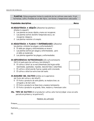 SALUD DE SUELOS



          PLANTAS. Estas preguntas tratan la condición de los cultivos como maíz, frijol,
         hortalizas, café y frutales en un año típico, con lluvias y temperatura adecuadas.

    Propiedades descriptivas                                                          Marca

    30.RESISTENCIA A SEQUÍA (¿Resisten las plantas o
       árboles la sequía?)
       0 Las plantas se secan rápido y nunca se recuperan.
       1 Las plantas sufren durante temporada seca y se
          recuperan despacio.
       2 Las plantas resisten a la sequía.

    31.RESISTENCIA A PLAGAS Y ENFERMEDADES (¿Resisten
       las plantas o árboles las plagas y enfermedades?)
       0 El daño por plagas y enfermedades es severo.
       1 Las plantas sufren por plagas y enfermedades, pero
           el daño es moderado.
       2 Las plantas aguantan las plagas y enfermedades.

    32.DEFICIENCIAS NUTRICIONALES (¿Es suficientemente
       fértil el suelo para los cultivos y los árboles?)
       0 El cultivo o árbol se ve mal alimentado (las hojas están
          manchadas, quemadas, rayadas, descoloridas o amarillas).
       1 El cultivo o árbol pierde fuerza cuando está creciendo.
       2 El cultivo o árbol se nutre bien del suelo.

    33.MADUREZ DEL CULTIVO (¿Cómo es la apariencia
       del fruto del cultivo o del árbol?)
       0 El fruto o producto de esta planta, no madura bien, es
           arrugado y de mal color.
       1 El fruto o producto no llena bien y madura lentamente.
       2 El fruto o producto es grande, lleno, maduro y tiene buen color.

    34a. TIPO DE CULTIVO [Si el productor cultiva esta tierra] (¿Qué crece en esta
         parcela en primera y en postrera?)

                                       Nombre de cultivo(s)

    Primera:_____________________________________________________________

    Postrera:____________________________________________________________


    52
 