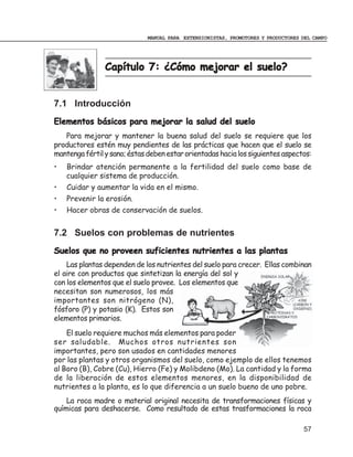 MANUAL PARA EXTENSIONISTAS, PROMOTORES Y PRODUCTORES DEL CAMPO




                Capítulo 7: ¿Cómo mejorar el suelo?


7.1 Introducción
Elementos básicos para mejorar la salud del suelo
   Para mejorar y mantener la buena salud del suelo se requiere que los
productores estén muy pendientes de las prácticas que hacen que el suelo se
mantenga fértil y sano; éstas deben estar orientadas hacia los siguientes aspectos:
•   Brindar atención permanente a la fertilidad del suelo como base de
    cualquier sistema de producción.
•   Cuidar y aumentar la vida en el mismo.
•   Prevenir la erosión.
•   Hacer obras de conservación de suelos.


7.2 Suelos con problemas de nutrientes
Suelos que no proveen suficientes nutrientes a las plantas
    Las plantas dependen de los nutrientes del suelo para crecer. Ellas combinan
el aire con productos que sintetizan la energía del sol y
con los elementos que el suelo provee. Los elementos que
necesitan son numerosos, los más
importantes son nitrógeno (N),
fósforo (P) y potasio (K). Estos son
elementos primarios.
    El suelo requiere muchos más elementos para poder
ser saludable. Muchos otros nutrientes son
importantes, pero son usados en cantidades menores
por las plantas y otros organismos del suelo, como ejemplo de ellos tenemos
al Boro (B), Cobre (Cu), Hierro (Fe) y Molibdeno (Mo). La cantidad y la forma
de la liberación de estos elementos menores, en la disponibilidad de
nutrientes a la planta, es lo que diferencia a un suelo bueno de uno pobre.
    La roca madre o material original necesita de transformaciones físicas y
químicas para deshacerse. Como resultado de estas trasformaciones la roca

                                                                                   57
 