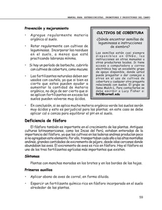 MANUAL PARA EXTENSIONISTAS, PROMOTORES Y PRODUCTORES DEL CAMPO



Prevención y mejoramiento
                                                   CULTIVOS DE COBERTURA
•   Agregue regularmente materia
    orgánica al suelo.                             ¿Dónde encontrar semillas de
                                                    leguminosas e instrucciones
•   Rotar regularmente con cultivos de                     de siembra?
    leguminosas. Incorporar los residuos
                                                   Las semillas están casi siempre
    en el suelo, a menos que esté                  disponibles en ONGs, las
    practicando labranza mínima.                   instrucciones en otros manuales u
                                                   otros productores locales. Si tiene
• Si hay un período de barbecho, cubrirlo          acceso a computadora y correo
   con cultivos de cobertura, como mucuna.         electrónico hay un excelente grupo
                                                   de apoyo disponible, donde usted
•   Los fertilizantes naturales deben ser          puede preguntar o dar consejos a
                                                   otros en el uso de cultivos de
    usados con cautela, ya que si bien es          cobertura y cualquier otra pregunta
    cierto que estos pueden ayudar a               relacionada con suelos. El grupo se
    aumentar la cantidad de materia                llama Mulch-L. Para contactarlos se
    orgánica, no deja de ser cierto que si         debe escribir a Lucy Fisher a:
    se aplican fertilizantes en exceso los         lhf2@cornell.edu
    suelos pueden volverse muy ácidos.
•   En conclusión, si se aplica mucha materia orgánica verde los suelos serán
    muy ácidos y esto es perjudicial para las plantas; en este caso se debe
    aplicar cal o ceniza para equilibrar el pH en el suelo.

Deficiencia de fósforo
     El fósforo también es importante en el crecimiento de las plantas. Antiguas
culturas latinoamericanas, como los Incas del Perú, estaban enteradas de la
importancia del fósforo, ya que los cultivos en las laderas andinas producían poco
si no agregaban este elemento. Por ello, transportaban cada año a las altas montañas
andinas, grandes cantidades de excremento de pájaro, desde islas cercanas donde
abundaban las aves. El excremento de aves es rico en fósforo. Hoy el fósforo es
uno de los tres fertilizantes agrícolas más importantes que existen.
Síntomas
    Plantas con manchas moradas en los brotes y en los bordes de las hojas.
Primeros auxilios
•   Aplicar abono de aves de corral, en forma diluida.
•   Esparcir un fertilizante químico rico en fósforo incorporado en el suelo
    alrededor de las plantas.

                                                                                   59
 