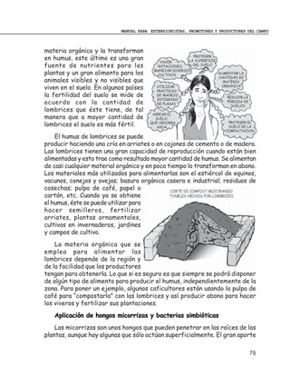 MANUAL PARA EXTENSIONISTAS, PROMOTORES Y PRODUCTORES DEL CAMPO



materia orgánica y la transforman
en humus, este último es una gran
fuente de nutrientes para las
plantas y un gran alimento para los
animales visibles y no visibles que
viven en el suelo. En algunos países
la fertilidad del suelo se mide de
acuerdo con la cantidad de
lombrices que éste tiene, de tal
manera que a mayor cantidad de
lombrices el suelo es más fértil.
    El humus de lombrices se puede
producir haciendo una cría en arriates o en cajones de cemento o de madera.
Las lombrices tienen una gran capacidad de reproducción cuando están bien
alimentadas y esto trae como resultado mayor cantidad de humus. Se alimentan
de casi cualquier material orgánico y en poco tiempo lo transforman en abono.
Los materiales más utilizados para alimentarlas son el estiércol de equinos,
vacunos, conejos y ovejas; basura orgánica casera e industrial; residuos de
cosechas; pulpa de café, papel o
cartón, etc. Cuando ya se obtiene
el humus, éste se puede utilizar para
hacer semilleros, fertilizar
arriates, plantas ornamentales,
cultivos en invernaderos, jardines
y campos de cultivo.
    La materia orgánica que se
emplea para alimentar las
lombrices depende de la región y
de la facilidad que los productores
tengan para obtenerla. Lo que si es seguro es que siempre se podrá disponer
de algún tipo de alimento para producir el humus, independientemente de la
zona. Para poner un ejemplo, algunos caficultores están usando la pulpa de
café para “compostarla” con las lombrices y así producir abono para hacer
los viveros y fertilizar sus plantaciones.
   Aplicación de hongos micorrizas y bacterias simbióticas
    Las micorrizas son unos hongos que pueden penetrar en las raíces de las
plantas, aunque hay algunas que sólo actúan superficialmente. El gran aporte

                                                                                75
 
