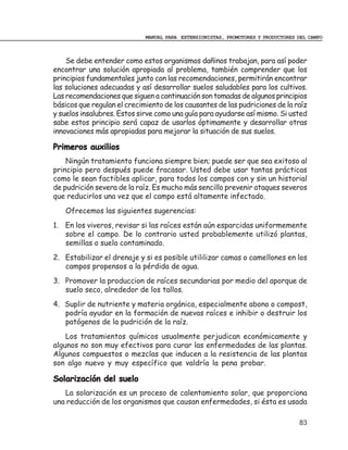 MANUAL PARA EXTENSIONISTAS, PROMOTORES Y PRODUCTORES DEL CAMPO



    Se debe entender como estos organismos dañinos trabajan, para así poder
encontrar una solución apropiada al problema, también comprender que los
principios fundamentales junto con las recomendaciones, permitirán encontrar
las soluciones adecuadas y así desarrollar suelos saludables para los cultivos.
Las recomendaciones que siguen a continuación son tomadas de algunos principios
básicos que regulan el crecimiento de los causantes de las pudriciones de la raíz
y suelos insalubres. Estos sirve como una guía para ayudarse así mismo. Si usted
sabe estos principio será capaz de usarlos óptimamente y desarrollar otras
innovaciones más apropiadas para mejorar la situación de sus suelos.

Primeros auxilios
    Ningún tratamiento funciona siempre bien; puede ser que sea exitoso al
principio pero después puede fracasar. Usted debe usar tantas prácticas
como le sean factibles aplicar, para todos los campos con y sin un historial
de pudrición severa de la raíz. Es mucho más sencillo prevenir ataques severos
que reducirlos una vez que el campo está altamente infectado.
   Ofrecemos las siguientes sugerencias:
1. En los viveros, revisar si las raíces están aún esparcidas uniformemente
   sobre el campo. De lo contrario usted probablemente utilizó plantas,
   semillas o suelo contaminado.
2. Estabilizar el drenaje y si es posible utililizar camas o camellones en los
   campos propensos a la pérdida de agua.
3. Promover la produccion de raíces secundarias por medio del aporque de
   suelo seco, alrededor de los tallos.
4. Suplir de nutriente y materia orgánica, especialmente abono o compost,
   podría ayudar en la formación de nuevas raíces e inhibir o destruir los
   patógenos de la pudrición de la raíz.
    Los tratamientos químicos usualmente perjudican económicamente y
algunos no son muy efectivos para curar las enfermedades de las plantas.
Algunos compuestos o mezclas que inducen a la resistencia de las plantas
son algo nuevo y muy específico que valdría la pena probar.

Solarización del suelo
   La solarización es un proceso de calentamiento solar, que proporciona
una reducción de los organismos que causan enfermedades, si ésta es usada

                                                                                  83
 