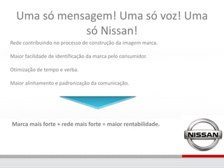 Uma só mensagem! Uma só voz! Uma
             só Nissan!
Rede contribuindo no processo de construção da imagem marca.

Maior facilidade de identificação da marca pelo consumidor.

Otimização de tempo e verba.

Maior alinhamento e padronização da comunicação.




Marca mais forte + rede mais forte = maior rentabilidade.
 