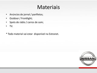 Materiais
•   Anúncios de jornal / panfletos;
•   Outdoor / Frontlight;
•   Spots de rádio / carros de som;
•   TV.

* Todo material vai estar disponível na Extranet.
 