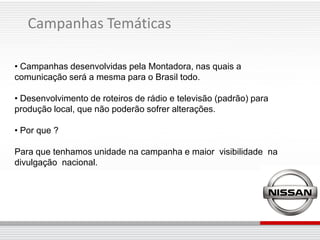 Campanhas Temáticas

• Campanhas desenvolvidas pela Montadora, nas quais a
comunicação será a mesma para o Brasil todo.

• Desenvolvimento de roteiros de rádio e televisão (padrão) para
produção local, que não poderão sofrer alterações.

• Por que ?

Para que tenhamos unidade na campanha e maior visibilidade na
divulgação nacional.
 