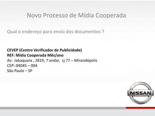 Novo Processo de Mídia Cooperada

Qual o endereço para envio dos documentos ?


CEVEP (Centro Verificador de Publicidade)
REF: Mídia Cooperada Mês/ano
Av.: Jabaquara , 2819, 7 andar, cj 77 – Mirandópolis
CEP: 04045 – 004
São Paulo – SP
 