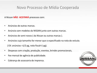 Novo Processo de Mídia Cooperada

A Nissan NÃO ACEITARÁ processos com:


•   Anúncios de outras marcas.

•   Anúncio com modelos da NISSAN junto com outras marcas.

•   Anúncios de semi-novos ( da Nissan ou outras marcas ).

•   Anúncios cujo tamanho for menor que o especificado na nota do veículo.

    ( EX: anúncios =1/2 pg, nota fiscal=1 pg).

•   Despesas com criação, produção, eventos, brindes promocionais,

•   Fee mensal de agência de publicidade.

•   Cobrança de assessoria de imprensa.
 