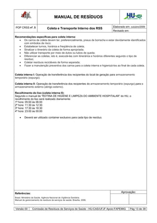 MANUAL DE RESÍDUOS                                  Hospital Universitário - UFJF




POP CRSS nº. 5                                                                   Elaborado em: outubro/2009
                                 Coleta e Transporte Interno dos RSS
                                                                                 Revisado em:

Recomendações específicas para coleta interna:
    Os carros de coleta devem ter, preferencialmente, pneus de borracha e estar devidamente identificados
     com símbolos de risco;
    Estabelecer turnos, horários e freqüência de coleta;
    Sinalizar o itinerário da coleta de forma apropriada;
    Não utilizar transporte por meio de dutos ou tubos de queda;
    Diferenciar as coletas, isto é, executá-las com itinerários e horários diferentes segundo o tipo de
     resíduo;
    Coletar resíduos recicláveis de forma separada;
    Fazer a manutenção preventiva dos carros para a coleta interna e higienizá-los ao final de cada coleta.


Coleta interna I: Operação de transferência dos recipientes do local de geração para armazenamento
temporário (expurgo).

Coleta interna II: Operação de transferência dos recipientes do armazenamento temporário (expurgo) para o
armazenamento externo (abrigo externo).

Recolhimento do lixo (coleta interna II):
Segundo o manual de “ROTINA DE HIGIENE E LIMPEZA DO AMBIENTE HOSPITALAR” do HU, o
recolhimento do lixo será realizado diariamente:
1ª hora: 05:00 às 06:00
2ª hora: 11:30 às 12:30
3ª hora: 17:30 às 18:30
4ª hora: 23:00 às 00:00

        Deverá ser utilizado container exclusivo para cada tipo de resíduo.




Referências:                                                                           Aprovação:
Brasil. Ministério da Saúde. Agência Nacional de Vigilância Sanitária.
Manual de gerenciamento de resíduos de serviços de saúde. Brasília, 2006.



Versão 00        Comissão de Resíduos de Serviços de Saúde - HU-CAS/UFJF Apoio FAPEMIG            Pág 13 de 38
 