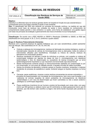 MANUAL DE RESÍDUOS                                          Hospital Universitário - UFJF




POP CRSS nº. 2        Classificação dos Resíduos de Serviços de                 Elaborado em: outubro/2009
                                     Saúde (RSS)                                Revisado em:

Objetivo:
Classificar os diferentes tipos de resíduos gerados dentro do hospital em função de suas características e
conseqüentes riscos que podem acarretar à saúde e meio ambiente.
Obs.: A classificação dos RSS vem sofrendo um processo de evolução contínuo, na medida em que são
introduzidos novos tipos de resíduos nas unidades de saúde e como resultado do conhecimento do
comportamento destes perante o meio ambiente e a saúde, como forma de estabelecer uma gestão segura
com base nos princípios da avaliação e gerenciamento dos riscos envolvidos na sua manipulação.


Classificação: De acordo com a RDC ANVISA no 306/04 e Resolução CONAMA no 358/05, os RSS são
classificados em cinco grupos: A, B, C, D e E, conforme o quadro abaixo:

Grupo A: Resíduos Potencialmente Infectantes
Resíduos com a possível presença de agentes biológicos que, por suas características, podem apresentar
risco de infecção. São subdivididos em A1, A2, A3, A4 e A5.
     A1
         Culturas e estoques de microorganismos; resíduos de fabricação de produtos biológicos, exceto os
            hemoderivados; descarte de vacinas de microorganismos vivos ou atenuados; meios de cultura e
            instrumentais utilizados para transferência, inoculação ou mistura de culturas; resíduos de
            laboratórios de manipulação genética.
         Resíduos resultantes da atenção à saúde de indivíduos ou animais, com suspeita ou certeza de
            contaminação biológica por agentes da classe de risco 4, microorganismos com relevância
            epidemiológica e risco de disseminação ou causadores de doença emergente que se torne
            epidemiologicamente importante ou cujo mecanismo de transmissão seja desconhecido.
         Bolsas transfusionais contendo sangue ou hemocomponentes rejeitadas por contaminação ou por
            má conservação, ou com prazo de validade vencido, e aquelas oriundas de coleta incompleta.
         Sobras de amostras de laboratório contendo sangue ou líquidos corpóreos, recipientes e materiais
            resultantes do processo de assistência à saúde, contendo sangue ou líquidos corpóreos na forma
            livre.
     A2
         Carcaças, peças anatômicas, vísceras e outros resíduos provenientes de animais submetidos a
            processos de experimentação com inoculação de microorganismos, bem como suas forrações, e os
             cadáveres de animais suspeitos de serem portadores de microorganismos de relevância
             epidemiológica e com risco de disseminação que foram submetidos ou não a estudo anátomo-
             patológico ou confirmação diagnóstica.
     A3
         Peças anatômicas (membros) do ser humano; produto de fecundação sem sinais vitais, com peso
            menor que 500 gramas ou estatura menor que 25 centímetros ou idade gestacional menor que 20
            semanas, que não tenham valor científico ou legal e não tenha havido requisição pelo paciente ou
            familiar.




Versão 00     Comissão de Resíduos de Serviços de Saúde - HU-CAS/UFJF Apoio FAPEMIG                Pág 3 de 38
 
