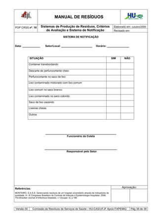 MANUAL DE RESÍDUOS                                                     Hospital Universitário - UFJF




POP CRSS nº. 19           Sistemas de Produção de Resíduos, Critérios                               Elaborado em: outubro/2009
                              de Avaliação e Sistema de Notificação                                 Revisado em:

                                                 SISTEMA DE NOTIFICAÇÃO


Data: ____________            Setor/Local: _____________________                  Horário: _______________



              SITUAÇÂO                                                                             SIM      NÂO

              Container transbordando

              Descarte de perfurocortante cheio

              Perfurocortante no saco de lixo

              Lixo contaminado misturado com lixo comum

              Lixo comum no saco branco

              Lixo contaminado no saco colorido

              Saco de lixo vazando

              Lixeiras cheias

              Outros




                               ________________________________________________
                                              Funcionário da Coleta



                              _________________________________________________
                                             Responsável pelo Setor




Referências:                                                                                              Aprovação:
MONTEIRO, G.A.S.S. Gerenciando resíduos de um hospital universitário através de indicadores de
qualidade. In: XI Congresso Brasileiro de Controle de Infecção e Epidemiologia Hospitalar, 2008.
The Brazilian Journal of Infectious Diseases, v.12(suppl. 3), p.180.




Versão 00        Comissão de Resíduos de Serviços de Saúde - HU-CAS/UFJF Apoio FAPEMIG                               Pág 38 de 38
 