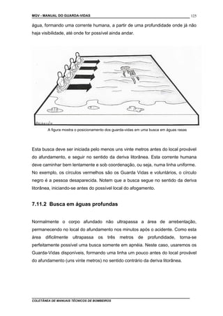 MGV - MANUAL DO GUARDA-VIDAS
água, formando uma corrente humana, a partir de uma profundidade onde já não
haja visibilidade, até onde for possível ainda andar.
Esta busca deve ser iniciada pelo menos uns vinte metros antes do local provável
do afundamento, e seguir no sentido da deriva litorânea. Esta corrente humana
deve caminhar bem lentamente e sob coordenação, ou seja, numa linha uniforme.
No exemplo, os círculos vermelhos são os Guarda Vidas e voluntários, o círculo
negro é a pessoa desaparecida. Notem que a busca segue no sentido da deriva
litorânea, iniciando-se antes do possível local do afogamento.
7.11.2 Busca em águas profundas
Normalmente o corpo afundado não ultrapassa a área de arrebentação,
permanecendo no local do afundamento nos minutos após o acidente. Como esta
área dificilmente ultrapassa os três metros de profundidade, torna-se
perfeitamente possível uma busca somente em apnéia. Neste caso, usaremos os
Guarda-Vidas disponíveis, formando uma linha um pouco antes do local provável
do afundamento (uns vinte metros) no sentido contrário da deriva litorânea.
COLETÂNEA DE MANUAIS TÉCNICOS DE BOMBEIROS
125
A figura mostra o posicionamento dos guarda-vidas em uma busca em águas rasas
 