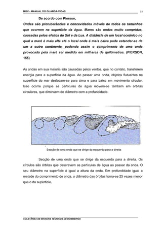 MGV - MANUAL DO GUARDA-VIDAS
De acordo com Pierson,
Ondas são protuberâncias e concavidades móveis de todos os tamanhos
que ocorrem na superfície da água. Mares são ondas muito compridas,
causadas pelos efeitos do Sol e da Lua. A distância de um local oceânico no
qual a maré é mais alta até o local onde é mais baixa pode estender-se de
um a outro continente, podendo assim o comprimento de uma onda
provocada pela maré ser medido em milhares de quilômetros. (PIERSON,
155)
As ondas em sua maioria são causadas pelos ventos, que no contato, transferem
energia para a superfície da água. Ao passar uma onda, objetos flutuantes na
superfície do mar deslocam-se para cima e para baixo em movimento circular.
Isso ocorre porque as partículas de água movem-se também em órbitas
circulares, que diminuem de diâmetro com a profundidade.
Secção de uma onda que se dirige da esquerda para a direita
Secção de uma onda que se dirige da esquerda para a direita. Os
círculos são órbitas que descrevem as partículas de água ao passar da onda. O
seu diâmetro na superfície é igual a altura da onda. Em profundidade igual a
metade do comprimento de onda, o diâmetro das órbitas torna-se 25 vezes menor
que o da superfície.
COLETÂNEA DE MANUAIS TÉCNICOS DE BOMBEIROS
18
 
