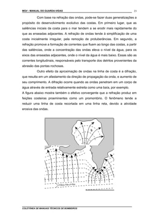 MGV - MANUAL DO GUARDA-VIDAS
Com base na refração das ondas, pode-se fazer duas generalizações a
propósito do desenvolvimento evolutivo das costas. Em primeiro lugar, que as
saliências iniciais da costa para o mar tendem a se erodir mais rapidamente do
que as enseadas adjacentes. A refração de ondas tende à simplificação de uma
costa inicialmente irregular, pela remoção de protuberâncias. Em segundo, a
refração promove a formação de correntes que fluem ao longo das costas, a partir
das saliências, onde a concentração das ondas eleva o nível da água, para os
eixos das enseadas adjacentes, onde o nível da água é mais baixo. Essas são as
correntes longitudinais, responsáveis pelo transporte dos detritos provenientes da
abrasão das pontas rochosas.
Outro efeito da aproximação de ondas na linha de costa é a difração,
que resulta em um afastamento da direção de propagação da onda, e aumento de
seu comprimento. A difração ocorre quando as ondas penetram em um corpo de
água através de entrada relativamente estreita como uma baía, por exemplo.
A figura abaixo mostra também o efetivo convergente que a refração produz em
feições costeiras proeminentes como um promontório. O fenômeno tende a
reduzir uma linha de costa recortada em uma linha reta, devido a atividade
erosiva das ondas.
COLETÂNEA DE MANUAIS TÉCNICOS DE BOMBEIROS
23
 