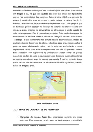 MGV - MANUAL DO GUARDA-VIDAS
deixada a corrente de retorno para trás, o banhista pode virar para a praia e nadar
em direção a ela, no que será ajudado pela ação das ondas que tipicamente
correm nas extremidades das correntes. Esta manobra é fácil se a corrente de
retorno é estacionária; mas se for uma corrente viajante na mesma direção do
banhista, a tentativa de escapar lateralmente pode ser inútil. Outro perigo é que
os banhistas podem escapar do pescoço da corrente de retorno e nadar em
direção à praia, entrando na convergência do alimentador e sendo sugado de
volta para o pescoço. Esta é chamada recirculação. Outro modo de escapar de
uma corrente de retorno é relaxar e permitir ser carregado para seu limite externo
- a cabeça - a qual normalmente não é muito distante da arrebentação. Depois de
analisar a largura da corrente de retorno, o banhista pode então nadar paralelo à
praia em água relativamente calma, cair de novo na arrebentação e nadar
seguramente para a praia. Esta estratégia é mais fácil falar do que fazer. Mesmo
bons nadadores com experiência na arrebentação podem entrar em pânico
quando se afastam da praia, e algumas correntes de retorno puxam até centenas
de metros mar adentro antes de esgotar sua energia. É melhor, portanto, tentar
nadar para as laterais da corrente de retorno uma distância significativa, e então
nadar em direção à praia.
Nadar paralelamente a praia.
3.23 TIPOS DE CORRENTES DE RETORNO
 Correntes de retorno fixas: São encontradas somente em praias
arenosas. Elas empurram para fora em um local porque a profundidade
COLETÂNEA DE MANUAIS TÉCNICOS DE BOMBEIROS
46
 