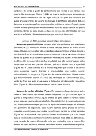 MGV - MANUAL DO GUARDA-VIDAS
condições do tempo a partir do conhecimento dos ventos e das formas das
nuvens. De acordo com Ahrens (1994), as nuvens existem numa variedade de
formas, sendo classificadas em dez tipos básicos, os quais são divididos em
quatro grupos primários de nuvens. Cada grupo é identificado pela altura da base
da nuvem acima da superfície, ou nuvens altas, médias ou baixas. O quarto grupo
contém nuvens que mostram desenvolvimento maior na escala vertical do que na
horizontal. Dentro de cada grupo, os tipos de nuvens são identificados por sua
aparência. A Tabela 1 lista estes quatro grupos e os tipos de nuvens.
Ahrens, em 1994, descreve os quatro tipos como segue:
Nuvens de grandes altitudes - nuvens altas que geralmente têm suas bases
formadas a 6.000 metros em médias e baixas latitudes. Devido ao ar frio e seco
nestas altitudes, nuvens altas são compostas exclusivamente de cristais de gelo e
também são finas, e normalmente aparecem com cor branca, exceto no nascer e
pôr do sol quando a luz espalhada pelo sol é refletida pela nuvem. A mais comum
é a Cirros (Ci, cirrus em latim significa ondulada), que são nuvens levadas pelos
ventos que sopram em grandes altitudes, indicando tempo claro e agradável
(Figura 3a). A Cirros-cúmulos (Cc) é menos freqüente que a cirros e se parece
como pequenas nuvens brancas e arredondadas, que podem ocorrer
individualmente ou em grupos (Figura 3b). As nuvens mais finas, difusas e altas
que freqüentemente cobrem os céus são chamadas de Cirros-estratos (Cs),
sendo tão finas que tanto a Lua quanto o Sol podem ser claramente vistos atrás
delas (Figura 3c). Normalmente ocorre um halo ao redor do astro.
Nuvens de médias altitudes (Figura 2): possuem a base da nuvem entre
2.000 a 7.000 metros de altitude, sendo compostas por gotículas de água, e
quando a temperatura diminui alguns cristais de gelo podem se formar. Neste
grupo, estão as nuvens Alto-cúmulo (Ac) e Alto-estrato (As). A nuvem Alto-cúmulo
(Ac) é composta somente por gotículas de água e raramente chega a ter mais que
um quilômetro de espessura. Esta nuvem aparece como grupos de nuvens
cinzentas e arredondadas que muitas vezes formam bandas ou ondas paralelas
(Figura 3d). Normalmente, uma parte da nuvem é mais escura que outra, o que
ajuda a identificá-la de outras nuvens Cirros-cúmulos mais altas (de cor branca).
Uma camada da nuvem Alto-cúmulo pode ser confundida com a nuvem Alto-
estrato; em caso de dúvida, observe se existem massas arredondadas ou gomos.
COLETÂNEA DE MANUAIS TÉCNICOS DE BOMBEIROS
53
 