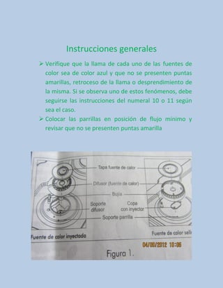 Instrucciones generales
 Verifique que la llama de cada uno de las fuentes de
  color sea de color azul y que no se presenten puntas
  amarillas, retroceso de la llama o desprendimiento de
  la misma. Si se observa uno de estos fenómenos, debe
  seguirse las instrucciones del numeral 10 o 11 según
  sea el caso.
 Colocar las parrillas en posición de flujo mínimo y
  revisar que no se presenten puntas amarilla
 