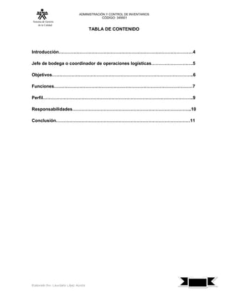 ADMINISTRACIÓN Y CONTROL DE INVENTARIOS
                                            CÓDIGO: 349501
 Sistema de Gestión
      de la Calidad
                                        TABLA DE CONTENIDO




Introducción………………………………………………………………………………4

Jefe de bodega o coordinador de operaciones logísticas……………………….5

Objetivos…………………………………………………………………………………..6

Funciones…………………………………………………………………………………7

Perfil………………………………………………………………………………………..9

Responsabilidades……………………………………………………………………..10

Conclusión………………………………………………………………………………11




                                                                          7
Elaborado Por: Lauribeth López Acosta
 