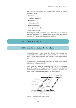 10. Limpeza de Logradouros Públicos
93
10.3. Serviços de varrição
Nos logradouros, a maior parte dos detritos é encontrada nas
sarjetas (até cerca de 60cm do meio-fio), devido ao deslocamento
de ar causado pelos veículos, que "empurra" o lixo para o meio-
fio.
Não há sujeira nas pistas de rolamento, exceto se praticamente
não houver tráfego de veículos.
Além disso, as chuvas se encarregam de levar os detritos para
junto do meio-fio, na direção dos ralos, devido à forma abaulada
da seção transversal do leito das ruas. A sarjeta é, na realidade,
uma "calha", projetada para conduzir as águas pluviais.
Os serviços de limpeza dos logradouros costumam cobrir
atividades como:
• varrição;
• capina e raspagem;
• roçagem;
• limpeza de ralos;
• limpeza de feiras;
• serviços de remoção;
• limpeza de praias.
Contemplam, ainda, atividades como desobstrução de ramais e
galerias, desinfestação e desinfecções, poda de árvores, pintura
de meio-fio e lavagem de logradouros públicos.
Figura 14 – Seção transversal de uma via pública
10.3.1. Aspectos construtivos das vias urbanas
 
