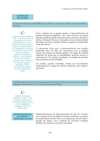 13. Disposição Final de Resíduos Sólidos
160
Estudo de Impacto Ambiental
– EIA – é um estudo técnico,
contratado junto a firmas
especializadas, com vistas a
levantar os pontos positivos e
negativos do aterro sanitário
a ser implantado com relação
aos meios físico, biótico (flora
e fauna) e antrópico
(aspectos relacionados ao
homem), e que estabelece
uma série de medidas e
ações que visam a diminuir
os impactos negativos
registrados. O EIA é
aprovado pelo órgão de
controle ambiental do
Estado.
Com o objetivo de se ganhar tempo, o desenvolvimento do
Estudo de Impacto Ambiental – EIA – deve iniciar-se na mesma
data da entrada do pedido da licença prévia, para que, tão logo se
receba a Instrução Técnica, se faça apenas uma complementação
do estudo, de forma a atender a todas as exigências estabelecidas
nesse documento.
É conveniente frisar que o desenvolvimento dos estudos
ambientais deve ser feito em consonância com as equipes
técnicas da empresa de limpeza pública e do órgão de controle
ambiental, de modo que as metodologias, diretrizes técnicas e
conclusões do EIA estejam conciliadas, na medida do possível,
com as políticas destas entidades.
Os estudos, quando concluídos, devem ser encaminhados
imediatamente ao órgão de controle ambiental, para análise e
aprovação.
EELLAABBOORRAAÇÇÃÃOO
DDOO EEIIAA//RRIIMMAA
Relatório de Impacto
Ambiental – RIMA – é um
relatório que apresenta o
resumo dos principais pontos
do EIA, redigido em
linguagem acessível ao
público leigo.
A empresa responsável pelo EIA/RIMA não pode ser a mesma que elabora os projetos básico e
executivo.
Cuidados especiais devem ser tomados quando da redação do RIMA, para que não se use uma
linguagem técnica demais, fora do alcance da população leiga.
AACCOOMMPPAANNHHAAMMEENNTTOO
DDAA AANNÁÁLLIISSEE EE
AAPPRROOVVAAÇÇÃÃOO DDOO EEIIAA
Independentemente do desenvolvimento do EIA em "sintonia"
com a equipe técnica do órgão de controle ambiental, os autores
do projeto básico devem ficar à sua disposição, durante todo o
período de análise, com o objetivo de esclarecer eventuais
dúvidas e de executar as revisões necessárias.
 
