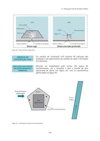 13. Disposição Final de Resíduos Sólidos
169
Figura 38 – Tipos de dreno subterrâneo
SSEERRVVIIÇÇOOSS DDEE
CCOONNSSTTRRUUÇÇÃÃOO CCIIVVIILL
Os serviços de construção civil constam da execução das
fundações e da superestrutura dos prédios de apoio e da estação
de tratamento.
EEXXEECCUUÇÇÃÃOO DDOOSS PPOOÇÇOOSS
DDEE MMOONNIITTOORRAAMMEENNTTOO
AAMMBBIIEENNTTAALL
Deverão ser implantados pelo menos três poços de
monitoramento, um a montante e dois a jusante da área
operacional do aterro (ver Figura 39), com as características
apresentadas na Figura 40.
Figura 39 – Localização dos poços de monitoramento
 