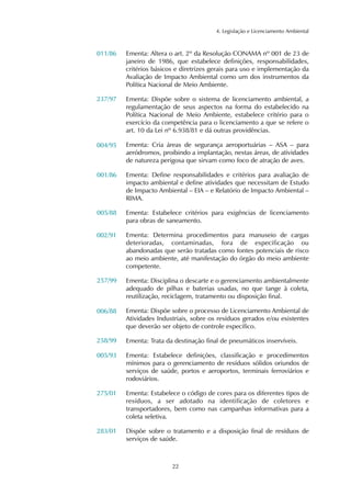 4. Legislação e Licenciamento Ambiental
22
Ementa: Altera o art. 2º da Resolução CONAMA nº 001 de 23 de
janeiro de 1986, que estabelece definições, responsabilidades,
critérios básicos e diretrizes gerais para uso e implementação da
Avaliação de Impacto Ambiental como um dos instrumentos da
Política Nacional de Meio Ambiente.
Ementa: Dispõe sobre o sistema de licenciamento ambiental, a
regulamentação de seus aspectos na forma do estabelecido na
Política Nacional de Meio Ambiente, estabelece critério para o
exercício da competência para o licenciamento a que se refere o
art. 10 da Lei nº 6.938/81 e dá outras providências.
Ementa: Cria áreas de segurança aeroportuárias – ASA – para
aeródromos, proibindo a implantação, nestas áreas, de atividades
de natureza perigosa que sirvam como foco de atração de aves.
Ementa: Define responsabilidades e critérios para avaliação de
impacto ambiental e define atividades que necessitam de Estudo
de Impacto Ambiental – EIA – e Relatório de Impacto Ambiental –
RIMA.
Ementa: Estabelece critérios para exigências de licenciamento
para obras de saneamento.
Ementa: Determina procedimentos para manuseio de cargas
deterioradas, contaminadas, fora de especificação ou
abandonadas que serão tratadas como fontes potenciais de risco
ao meio ambiente, até manifestação do órgão do meio ambiente
competente.
Ementa: Disciplina o descarte e o gerenciamento ambientalmente
adequado de pilhas e baterias usadas, no que tange à coleta,
reutilização, reciclagem, tratamento ou disposição final.
Ementa: Dispõe sobre o processo de Licenciamento Ambiental de
Atividades Industriais, sobre os resíduos gerados e/ou existentes
que deverão ser objeto de controle específico.
Ementa: Trata da destinação final de pneumáticos inservíveis.
Ementa: Estabelece definições, classificação e procedimentos
mínimos para o gerenciamento de resíduos sólidos oriundos de
serviços de saúde, portos e aeroportos, terminais ferroviários e
rodoviários.
Ementa: Estabelece o código de cores para os diferentes tipos de
resíduos, a ser adotado na identificação de coletores e
transportadores, bem como nas campanhas informativas para a
coleta seletiva.
Dispõe sobre o tratamento e a disposição final de resíduos de
serviços de saúde.
011/86
237/97
004/95
001/86
005/88
002/91
257/99
006/88
258/99
005/93
275/01
283/01
 