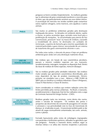 5. Resíduos Sólidos: Origem, Definição e Características
31
perigosos se forem comidos freqüentemente. As mulheres grávidas
que se alimentam de peixe contaminado transferem o mercúrio para
os fetos, que são particularmente sensíveis aos seus efeitos tóxicos.
A acumulação do mercúrio nos tecidos também pode contaminar
outras espécies selvagens, como marrecos, aves aquáticas e outros
animais.
PPNNEEUUSS São muitos os problemas ambientais gerados pela destinação
inadequada dos pneus. Se deixados em ambiente aberto, sujeito
a chuvas, os pneus acumulam água, servindo como local para a
proliferação de mosquitos. Se encaminhados para aterros de lixo
convencionais, provocam "ocos" na massa de resíduos, causando
a instabilidade do aterro. Se destinados em unidades de
incineração, a queima da borracha gera enormes quantidades de
material particulado e gases tóxicos, necessitando de um sistema
de tratamento dos gases extremamente eficiente e caro.
Por todas estas razões, o descarte de pneus é hoje um problema
ambiental grave ainda sem uma destinação realmente eficaz.
LLIIXXOO DDEE
FFOONNTTEESS EESSPPEECCIIAAIISS
São resíduos que, em função de suas características peculiares,
passam a merecer cuidados especiais em seu manuseio,
acondicionamento, estocagem, transporte ou disposição final. Dentro
da classe de resíduos de fontes especiais, merecem destaque:
LLIIXXOO IINNDDUUSSTTRRIIAALL São os resíduos gerados pelas atividades industriais. São resíduos
muito variados que apresentam características diversificadas, pois
estas dependem do tipo de produto manufaturado. Devem,
portanto, ser estudados caso a caso. Adota-se a NBR 10.004 da
ABNT para se classificar os resíduos industriais: Classe I (Perigosos),
Classe II (Não-Inertes) e Classe III (Inertes).
LLIIXXOO RRAADDIIOOAATTIIVVOO Assim considerados os resíduos que emitem radiações acima dos
limites permitidos pelas normas ambientais. No Brasil, o manuseio,
acondicionamento e disposição final do lixo radioativo está a cargo
da Comissão Nacional de Energia Nuclear – CNEN.
LLIIXXOO DDEE PPOORRTTOOSS,,
AAEERROOPPOORRTTOOSS EE TTEERRMMIINNAAIISS
RROODDOOFFEERRRROOVVIIÁÁRRIIOOSS
Resíduos gerados tanto nos terminais, como dentro dos navios,
aviões e veículos de transporte. Os resíduos dos portos e
aeroportos são decorrentes do consumo de passageiros em veículos
e aeronaves e sua periculosidade está no risco de transmissão de
doenças já erradicadas no país. A transmissão também pode se dar
através de cargas eventualmente contaminadas, tais como animais,
carnes e plantas.
LLIIXXOO AAGGRRÍÍCCOOLLAA Formado basicamente pelos restos de embalagens impregnados
com pesticidas e fertilizantes químicos, utilizados na agricultura, que
são perigosos. Portanto o manuseio destes resíduos segue as
mesmas rotinas e se utiliza dos mesmos recipientes e processos
 