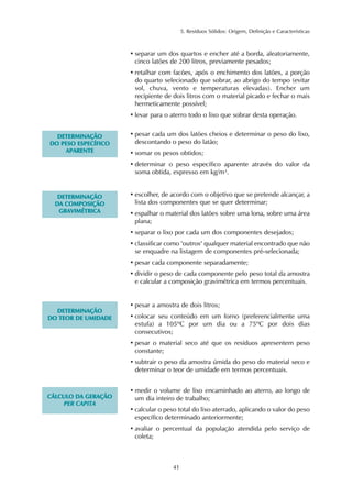 5. Resíduos Sólidos: Origem, Definição e Características
41
• separar um dos quartos e encher até a borda, aleatoriamente,
cinco latões de 200 litros, previamente pesados;
• retalhar com facões, após o enchimento dos latões, a porção
do quarto selecionado que sobrar, ao abrigo do tempo (evitar
sol, chuva, vento e temperaturas elevadas). Encher um
recipiente de dois litros com o material picado e fechar o mais
hermeticamente possível;
• levar para o aterro todo o lixo que sobrar desta operação.
• pesar cada um dos latões cheios e determinar o peso do lixo,
descontando o peso do latão;
• somar os pesos obtidos;
• determinar o peso específico aparente através do valor da
soma obtida, expresso em kg/m³.
DDEETTEERRMMIINNAAÇÇÃÃOO
DDOO PPEESSOO EESSPPEECCÍÍFFIICCOO
AAPPAARREENNTTEE
• escolher, de acordo com o objetivo que se pretende alcançar, a
lista dos componentes que se quer determinar;
• espalhar o material dos latões sobre uma lona, sobre uma área
plana;
• separar o lixo por cada um dos componentes desejados;
• classificar como "outros" qualquer material encontrado que não
se enquadre na listagem de componentes pré-selecionada;
• pesar cada componente separadamente;
• dividir o peso de cada componente pelo peso total da amostra
e calcular a composição gravimétrica em termos percentuais.
DDEETTEERRMMIINNAAÇÇÃÃOO
DDAA CCOOMMPPOOSSIIÇÇÃÃOO
GGRRAAVVIIMMÉÉTTRRIICCAA
DDEETTEERRMMIINNAAÇÇÃÃOO
DDOO TTEEOORR DDEE UUMMIIDDAADDEE
• pesar a amostra de dois litros;
• colocar seu conteúdo em um forno (preferencialmente uma
estufa) a 105ºC por um dia ou a 75ºC por dois dias
consecutivos;
• pesar o material seco até que os resíduos apresentem peso
constante;
• subtrair o peso da amostra úmida do peso do material seco e
determinar o teor de umidade em termos percentuais.
CCÁÁLLCCUULLOO DDAA GGEERRAAÇÇÃÃOO
PPEERR CCAAPPIITTAA
• medir o volume de lixo encaminhado ao aterro, ao longo de
um dia inteiro de trabalho;
• calcular o peso total do lixo aterrado, aplicando o valor do peso
específico determinado anteriormente;
• avaliar o percentual da população atendida pelo serviço de
coleta;
 