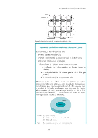 8. Coleta e Transporte de Resíduos Sólidos
68
MMééttooddoo ddee RReeddiimmeennssiioonnaammeennttoo ddee RRootteeiirrooss ddee CCoolleettaa
Basicamente, o método consiste em:
• dividir a cidade em subáreas;
• levantar e sistematizar as características de cada roteiro;
• analisar as informações levantadas;
• redimensionar os roteiros, tendo como premissas:
• a exclusão (ou minimização) de horas extras de
trabalho;
• o estabelecimento de novos pesos de coleta por
jornada;
• as concentrações de lixo em cada área.
Divide-se a área da cidade a ter seus roteiros de coleta
redimensionados em subáreas, com densidades demográficas
semelhantes, por exemplo, as subáreas I, II e III. Suponha que
a subárea II contenha atualmente oito itinerários de coleta,
efetuados em dois turnos, três vezes por semana, por 8/4 = dois
veículos compactadores. O levantamento de dados do plano
em vigor (atual) resulta na Tabela 13.
Figura 5 – Método heurístico de traçado de itinerários de coleta
Figura 6 – Divisão da cidade em áreas para roteiros de coleta
Exemplo: I - Centro comercial
II - Subárea predominantemente residencial
III - Subárea de morros
Subárea I
Subárea II
Subárea III
início
término
 