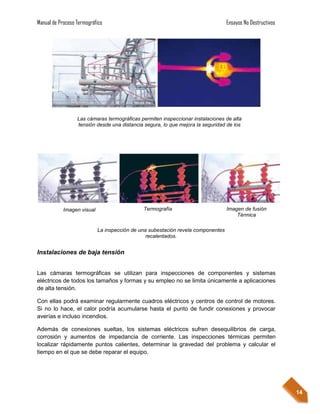 Manual de Proceso Termográfico                                                    Ensayos No Destructivos




                  Las cámaras termográficas permiten inspeccionar instalaciones de alta
                  tensión desde una distancia segura, lo que mejora la seguridad de los
                                               operarios.




            Imagen visual                     Termografía                         Imagen de fusión
                                                                                      Térmica

                            La inspección de una subestación revela componentes
                                                recalentados.


Instalaciones de baja tensión


Las cámaras termográficas se utilizan para inspecciones de componentes y sistemas
eléctricos de todos los tamaños y formas y su empleo no se limita únicamente a aplicaciones
de alta tensión.

Con ellas podrá examinar regularmente cuadros eléctricos y centros de control de motores.
Si no lo hace, el calor podría acumularse hasta el punto de fundir conexiones y provocar
averías e incluso incendios.

Además de conexiones sueltas, los sistemas eléctricos sufren desequilibrios de carga,
corrosión y aumentos de impedancia de corriente. Las inspecciones térmicas permiten
localizar rápidamente puntos calientes, determinar la gravedad del problema y calcular el
tiempo en el que se debe reparar el equipo.




                                                                                                            14
 