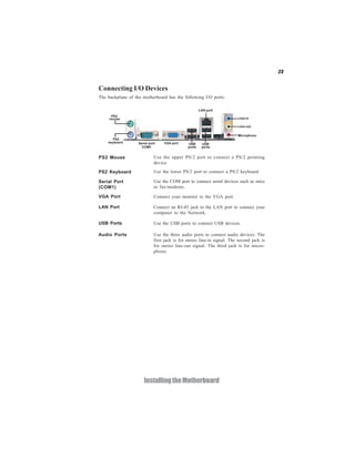 23
InstallingtheMotherboard
Connecting I/O Devices
The backplane of the motherboard has the following I/O ports:
Use the upper PS/2 port to connect a PS/2 pointing
device.
Use the lower PS/2 port to connect a PS/2 keyboard.
Use the COM port to connect serial devices such as mice
or fax/modems.
Connect your monitor to the VGA port.
Use the USB ports to connect USB devices.
Use the three audio ports to connect audio devices. The
first jack is for stereo line-in signal. The second jack is
for stereo line-out signal. The third jack is for micro-
phone.
Connect an RJ-45 jack to the LAN port to connect your
computer to the Network.
USB Ports
Audio Ports
LAN Port
VGA Port
Serial Port
(COM1)
PS2 Keyboard
PS2 Mouse
 