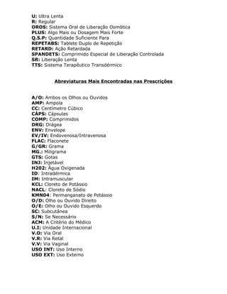 U: Ultra Lenta
R: Regular
OROS: Sistema Oral de Liberação Osmótica
PLUS: Algo Mais ou Dosagem Mais Forte
Q.S.P: Quantidade Suficiente Para
REPETABS: Tablete Duplo de Repetição
RETARD: Ação Retardada
SPANDETS: Comprimido Especial de Liberação Controlada
SR: Liberação Lenta
TTS: Sistema Terapêutico Transdérmico
Abreviaturas Mais Encontradas nas Prescrições
A/O: Ambos os Olhos ou Ouvidos
AMP: Ampola
CC: Centímetro Cúbico
CÁPS: Cápsulas
COMP: Comprimidos
DRG: Drágea
ENV: Envelope
EV/IV: Endovenosa/Intravenosa
FLAC: Flaconete
G/GR: Grama
MG.: Miligrama
GTS: Gotas
INJ: Injetável
H202: Água Oxigenada
ID: Intradérmica
IM: Intramuscular
KCL: Cloreto de Potássio
NACL: Cloreto de Sódio
KMN04: Permanganato de Potássio
O/D: Olho ou Ouvido Direito
O/E: Olho ou Ouvido Esquerdo
SC: Subcutânea
S/N: Se Necessário
ACM: A Critério do Médico
U.I: Unidade Internacional
V.O: Via Oral
V.R: Via Retal
V.V: Via Vaginal
USO INT: Uso Interno
USO EXT: Uso Externo

 