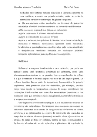 Manual de Massagem Terapêutica Mario-Paul Cassar 
mediadas pelo sistema nervoso simpático e incluem aumento na 
taxa cardíaca, aumento na pressão arterial, maior secreção de 
adrenalina e maior concentração de glicose sangüínea 
■ Os nociceptores estão localizados no terminal de pequenos 
neurônios aferentes isentos de mielina ou levemente mielinizados 
■ Os receptores respondem a diferentes estímulos: 
Alguns respondem à pressão mecânica intensa 
Alguns à estimulação mecânica e térmica 
Alguns a substâncias químicas irritantes, bem como estimulação 
mecânica e térmica; substâncias químicas como histamina, 
bradicinina e prostaglandinas são liberadas pelo tecido danificado 
e despolarizam terminais nervosos do nociceptor próximo, 
iniciando potenciais de ação na fibra nervosa aferente. 
Reflexos 
Reflexo é a resposta involuntária a um estímulo, que pode ser 
definido como uma mudança detectável no ambiente, como uma 
alteração na temperatura ou na pressão. Um exemplo familiar de reflexo 
é o que determina a retirada rápida da mão de um objeto quente. Os 
reflexos também fazem parte do mecanismo homeostático do próprio 
organismo. Esse processo pode ser observado, por exemplo, quando 
existe uma queda na temperatura externa do corpo, resultando nas 
contrações involuntárias dos músculos esqueléticos (tremores) e dos 
músculos lisos que cercam os vasos sangüíneos, na tentativa de manter 
a temperatura corporal. 
Um trajeto ou arco do reflexo (Figura 3.1) é estabelecido quando os 
receptores são estimulados. Os impulsos dos receptores percorrem os 
neurônios aferentes até o centro de integração no cérebro ou na coluna 
vertebral, e as informações do centro de integração são enviadas ao 
longo dos neurônios eferentes (motores) ao tecido efetor. Quase todas as 
células do corpo podem ser efetoras, porém as mais especializadas e 
facilmente afetadas são as de músculos e glândulas. O resultado de 
 