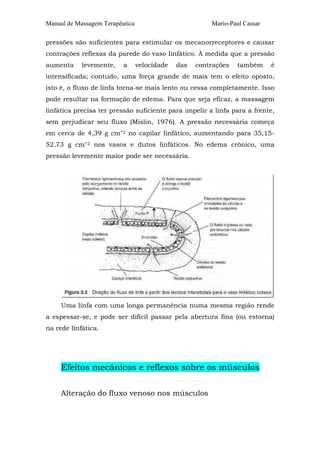 Manual de Massagem Terapêutica Mario-Paul Cassar 
pressões são suficientes para estimular os mecanorreceptores e causar 
contrações reflexas da parede do vaso Iinfático. À medida que a pressão 
aumenta levemente, a velocidade das contrações também é 
intensificada; contudo, uma força grande de mais tem o efeito oposto, 
isto é, o fluxo de linfa torna-se mais lento ou cessa completamente. Isso 
pode resultar na formação de edema. Para que seja eficaz, a massagem 
linfática precisa ter pressão suficiente para impelir a linfa para a frente, 
sem prejudicar seu fluxo (Mislin, 1976). A pressão necessária começa 
em cerca de 4,39 g cm"2 no capilar Iinfático, aumentando para 35,15- 
52,73 g cm"2 nos vasos e dutos linfáticos. No edema crônico, uma 
pressão levemente maior pode ser necessária. 
Uma linfa com uma longa permanência numa mesma região rende 
a espessar-se, e pode ser difícil passar pela abertura fina (ou estorna) 
na rede linfática. 
Efeitos mecânicos e reflexos sobre os músculos 
Alteração do fluxo venoso nos músculos 
 