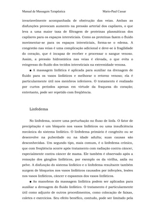 Manual de Massagem Terapêutica Mario-Paul Cassar 
invariavelmente acompanhada de obstrução das veias. Ambas as 
disfunções provocam aumento na pressão arterial dos capilares, o que 
leva a uma maior taxa de filtragem de proteínas plasmáticas dos 
capilares para os espaços intersticiais. Como as proteínas fazem o fluido 
movimentar-se para os espaços intersticiais, forma-se o edema. A 
congestão nas veias é uma complicação adicional e deve-se à fragilidade 
do coração, que é incapaz de receber e processar o sangue venoso. 
Assim, a pressão hidrostática nas veias é elevada, o que evita o 
reingresso do fluido dos tecidos intersticiais na extremidade venosa. 
■ A massagem linfática é aplicada para auxiliar na drenagem de 
fluido para os vasos linfáticos e melhorar o retorno venoso; ela é 
particularmente útil nos membros inferiores. O tratamento é realizado 
por curtos períodos apenas em virtude da fraqueza do coração; 
entretanto, pode ser repetido com freqüência. 
Linfedema 
No linfedema, ocorre uma perturbação no fluxo de linfa. O fator de 
precipitação é um bloqueio nos vasos linfáticos ou uma insuficiência 
mecânica do sistema linfático. O linfedema primário é congênito ou se 
desenvolve na puberdade ou na idade adulta; suas causas são 
desconhecidas. Um segundo tipo, mais comum, é o linfedema crônico, 
que com freqüência ocorre após tratamento com radiação contra câncer, 
especialmente contra câncer de mama. Ele também é observado após a 
remoção dos gânglios linfáticos, por exemplo os da virilha, axila ou 
pelve. A disfunção do sistema linfático e o linfedema resultante também 
surgem de bloqueios nos vasos linfáticos causados por infecções, lesões 
nos vasos linfáticos, câncer e espasmos dos vasos linfáticos. 
■ As manobras da massagem linfática podem ser aplicadas para 
auxiliar a drenagem do fluido linfático. O tratamento é particularmente 
útil como adjunto de outros procedimentos, como colocação de faixas, 
coletes e exercícios. Seu efeito benéfico, contudo, pode ser limitado pela 
 