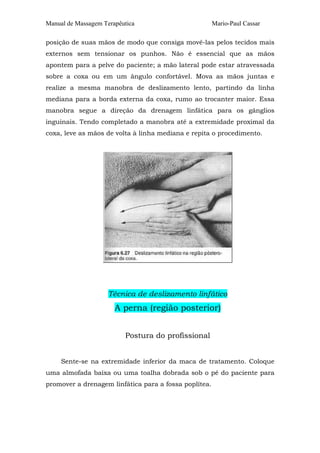 Manual de Massagem Terapêutica Mario-Paul Cassar 
posição de suas mãos de modo que consiga movê-las pelos tecidos mais 
externos sem tensionar os punhos. Não é essencial que as mãos 
apontem para a pelve do paciente; a mão lateral pode estar atravessada 
sobre a coxa ou em um ângulo confortável. Mova as mãos juntas e 
realize a mesma manobra de deslizamento lento, partindo da linha 
mediana para a borda externa da coxa, rumo ao trocanter maior. Essa 
manobra segue a direção da drenagem linfática para os gânglios 
inguinais. Tendo completado a manobra até a extremidade proximal da 
coxa, leve as mãos de volta à linha mediana e repita o procedimento. 
Técnica de deslizamento linfático 
A perna (região posterior) 
Postura do profissional 
Sente-se na extremidade inferior da maca de tratamento. Coloque 
uma almofada baixa ou uma toalha dobrada sob o pé do paciente para 
promover a drenagem linfática para a fossa poplítea. 
 