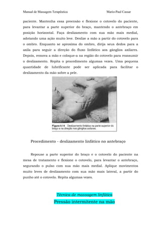 Manual de Massagem Terapêutica Mario-Paul Cassar 
paciente. Mantenha essa preensão e flexione o cotovelo do paciente, 
para levantar a parte superior do braço, mantendo o antebraço em 
posição horizontal. Faça deslizamento com sua mão mais medial, 
adotando uma ação muito leve. Deslize a mão a partir do cotovelo para 
o ombro. Enquanto se aproxima do ombro, dirija seus dedos para a 
axila para seguir a direção do fluxo linfático aos gânglios axilares. 
Depois, remova a mão e coloque-a na região do cotovelo para reassumir 
o deslizamento. Repita o procedimento algumas vezes. Uma pequena 
quantidade de lubrificante pode ser aplicada para facilitar o 
deslizamento da mão sobre a pele. 
Procedimento - deslizamento linfático no antebraço 
Repouse a parte superior do braço e o cotovelo do paciente na 
mesa de tratamento e flexione o cotovelo, para levantar o antebraço, 
segurando o pulso com sua mão mais medial. Aplique movimentos 
muito leves de deslizamento com sua mão mais lateral, a partir do 
punho até o cotovelo. Repita algumas vezes. 
Técnica de massagem linfática 
Pressão intermitente na mão 
 