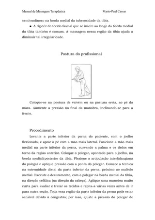 Manual de Massagem Terapêutica

Mario-Paul Cassar

semitendinoso na borda medial da tuberosidade da tíbia.
■ A rigidez do tecido fascial que se insere ao longo da borda medial
da tíbia também é comum. A massagem nessa região da tíbia ajuda a
diminuir tal irregularidade.

Postura do profissional

Coloque-se na postura de vaivém ou na postura ereta, ao pé da
maca. Aumente a pressão no final da manobra, inclinando-se para a
frente.

Procedimento
Levante a parte inferior da perna do paciente, com o joelho
flexionado, e apoie o pé com a mão mais lateral. Posicione a mão mais
medial na parte inferior da perna, curvando a palma e os dedos em
torno da região anterior. Coloque o polegar, apontado para o joelho, na
borda medial/posterior da tíbia. Flexione a articulação interfalangiana
do polegar e aplique pressão com a ponta do polegar. Comece a técnica
na extremidade distai da parte inferior da perna, próximo ao maléolo
medial. Execute o deslizamento, com o polegar na borda medial da tíbia,
na direção cefálica (na direção da cabeça). Aplique uma manobra muito
curta para avaliar e tratar os tecidos e repita-a várias vezes antes de ir
para outra seção. Toda essa região da parte inferior da perna pode estar
sensível devido à congestão; por isso, ajuste a pressão do polegar de

 