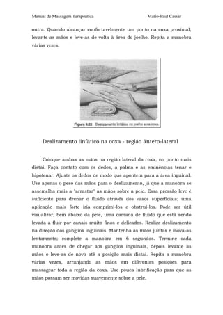 Manual de Massagem Terapêutica

Mario-Paul Cassar

outra. Quando alcançar confortavelmente um ponto na coxa proximal,
levante as mãos e leve-as de volta à área do joelho. Repita a manobra
várias vezes.

Deslizamento linfático na coxa - região ântero-lateral
Coloque ambas as mãos na região lateral da coxa, no ponto mais
distai. Faça contato com os dedos, a palma e as eminências tenar e
hipotenar. Ajuste os dedos de modo que apontem para a área inguinal.
Use apenas o peso das mãos para o deslizamento, já que a manobra se
assemelha mais a "arrastar" as mãos sobre a pele. Essa pressão leve é
suficiente para drenar o fluido através dos vasos superficiais; uma
aplicação mais forte iria comprimi-los e obstruí-los. Pode ser útil
visualizar, bem abaixo da pele, uma camada de fluido que está sendo
levada a fluir por canais muito finos e delicados. Realize deslizamento
na direção dos gânglios inguinais. Mantenha as mãos juntas e mova-as
lentamente; complete a manobra em 6 segundos. Termine cada
manobra antes de chegar aos gânglios inguinais, depois levante as
mãos e leve-as de novo até a posição mais distai. Repita a manobra
várias vezes, arranjando as mãos em diferentes posições para
massagear toda a região da coxa. Use pouca lubrificação para que as
mãos possam ser movidas suavemente sobre a pele.

 