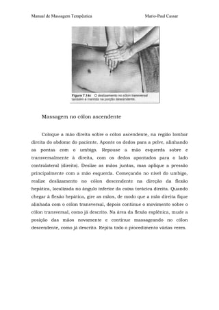 Manual de Massagem Terapêutica

Mario-Paul Cassar

Massagem no cólon ascendente
Coloque a mão direita sobre o cólon ascendente, na região lombar
direita do abdome do paciente. Aponte os dedos para a pelve, alinhando
as

pontas

com

o

umbigo.

Repouse

a

mão

esquerda

sobre

e

transversalmente à direita, com os dedos apontados para o lado
contralateral (direito). Deslize as mãos juntas, mas aplique a pressão
principalmente com a mão esquerda. Começando no nível do umbigo,
realize deslizamento no cólon descendente na direção da flexão
hepática, localizada no ângulo inferior da caixa torácica direita. Quando
chegar à flexão hepática, gire as mãos, de modo que a mão direita fique
alinhada com o cólon transversal, depois continue o movimento sobre o
cólon transversal, como já descrito. Na área da flexão esplênica, mude a
posição das mãos novamente e continue massageando no cólon
descendente, como já descrito. Repita todo o procedimento várias vezes.

 