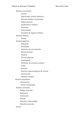 Manual de Massagem Terapêutica
Sistema circulatório
Anemia
Hipertensão arterial sistêmica
Doença cardíaca coronariana
Angina pectoris
Insuficiência cardíaca
Trombose
Varicosidade
Cirurgias de bypass cardíaco
Sistema linfático
Edema
Sistema digestivo
Dispepsia
Obesidade
Síndrome da má-absorção
Hérnia de hiato
Gastrite
Úlceras pépticas
Constipação
Síndrome do intestino irritável
Colite
Enterite
Enterite regional (doença de Cronn)
Diverticulite
Diabetes mellitus
Sistema esquelético
Osteoartrite
Artrite reumatóide
Sistema muscular
Fadiga muscular
Espasmos
Contratura
Fibrose
Fibrosite e fibromialgia
Distrofia muscular
Fáscia

Mario-Paul Cassar

 